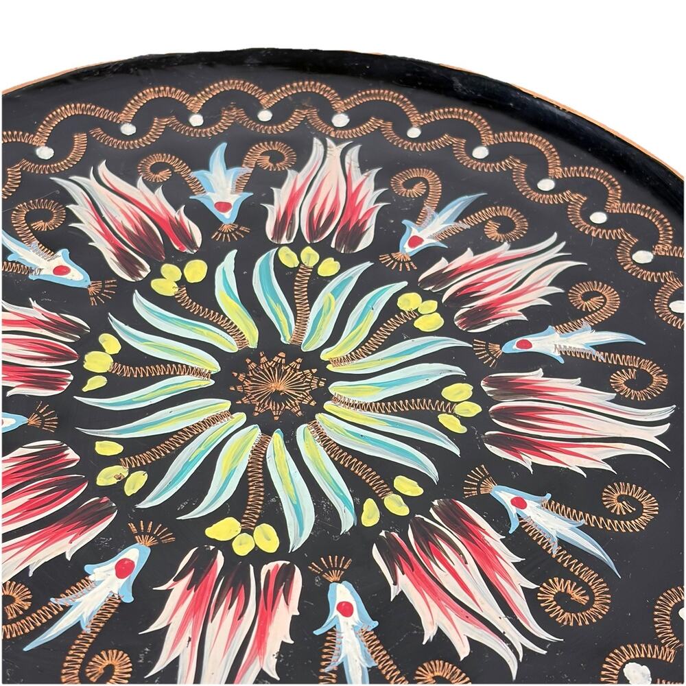 Vintage Turkish Folk Art Hand Painted Etched 9.5" Copper Plate Wall Hanging - Picture 4 of 6